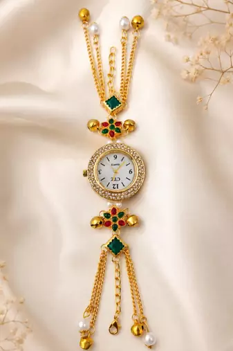 multicolor  color women gold-toned kashmiri pearl & stone-studded ethnic wrist watch