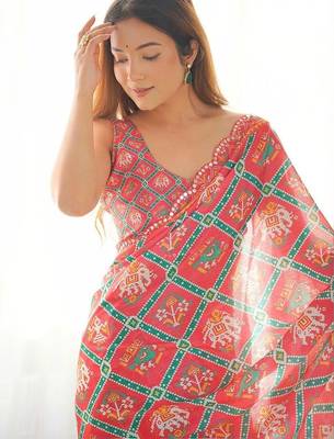 Peach pure georgette printed saree with blouse 2