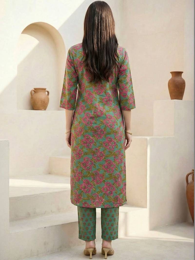 Women Floral Printed Regular Pure Cotton Kurta with Trousers