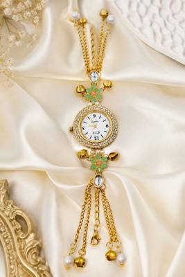 green  color women gold-toned kashmiri pearl & stone-studded ethnic wrist watch 1