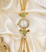 green  color women gold-toned kashmiri pearl & stone-studded ethnic wrist watch
