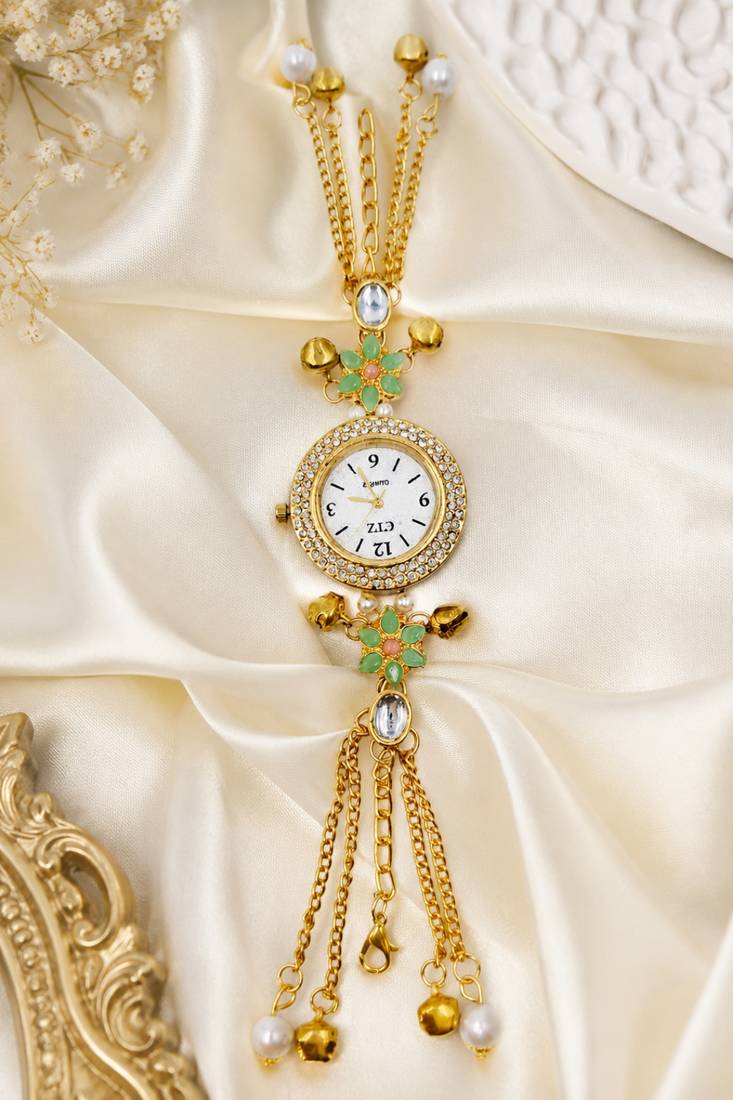 green  color women gold-toned kashmiri pearl & stone-studded ethnic wrist watch