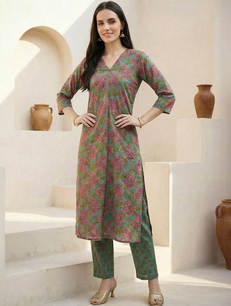 Women Floral Printed Regular Pure Cotton Kurta with Trousers