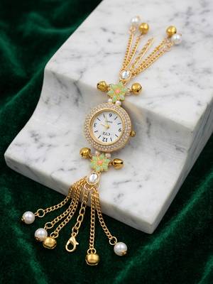 green  color women gold-toned kashmiri pearl & stone-studded ethnic wrist watch 2