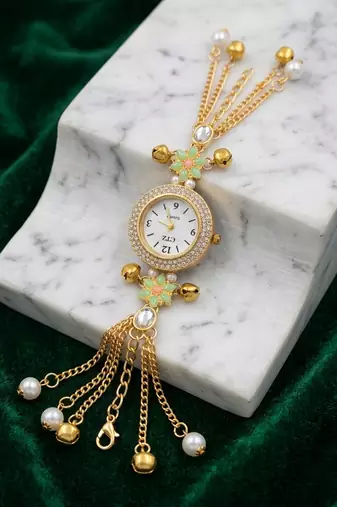 green  color women gold-toned kashmiri pearl & stone-studded ethnic wrist watch
