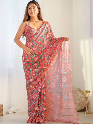 Peach pure georgette printed saree with blouse 5