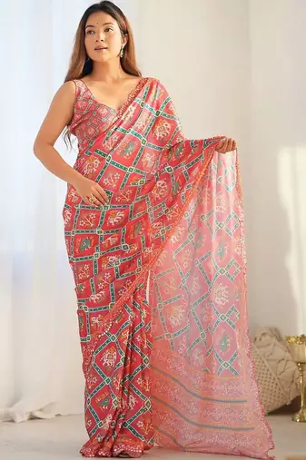 Peach pure georgette printed saree with blouse