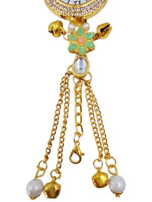 green  color women gold-toned kashmiri pearl & stone-studded ethnic wrist watch 3