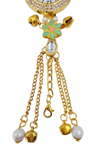 green  color women gold-toned kashmiri pearl & stone-studded ethnic wrist watch