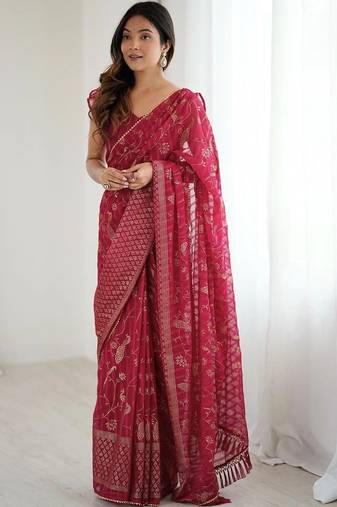 Maroon pure georgette printed saree with blouse