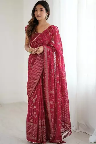 Maroon pure georgette printed saree with blouse