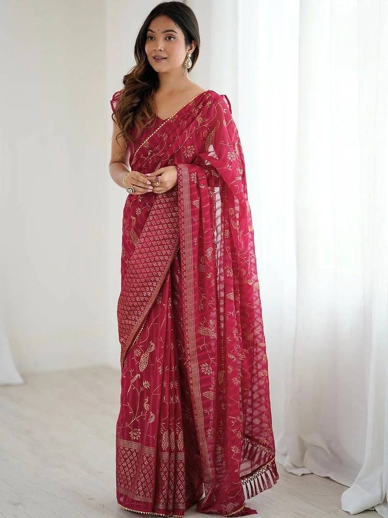 Maroon pure georgette printed saree with blouse