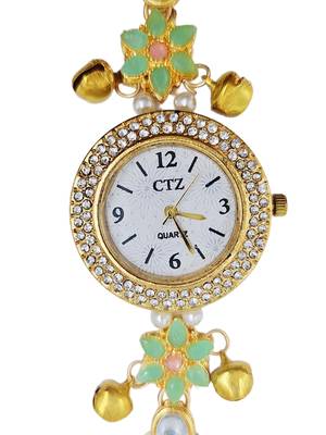 green  color women gold-toned kashmiri pearl & stone-studded ethnic wrist watch 4