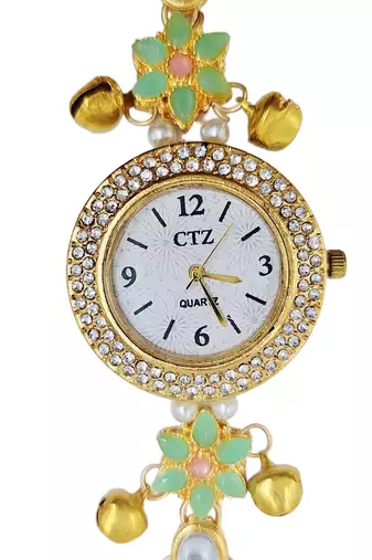 green  color women gold-toned kashmiri pearl & stone-studded ethnic wrist watch
