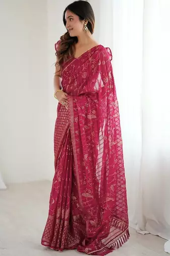 Maroon pure georgette printed saree with blouse