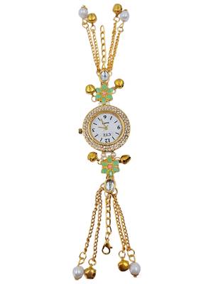green  color women gold-toned kashmiri pearl & stone-studded ethnic wrist watch 5