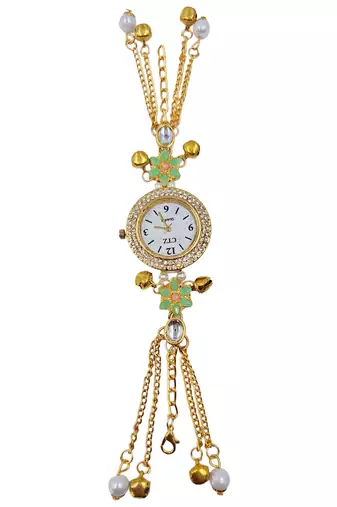 green  color women gold-toned kashmiri pearl & stone-studded ethnic wrist watch