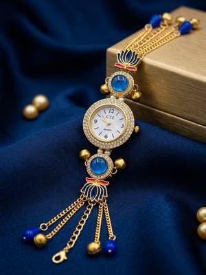 blue  color women gold-toned kashmiri pearl & stone-studded ethnic wrist watch 1