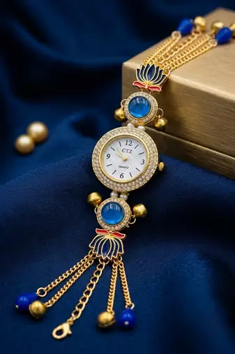 blue  color women gold-toned kashmiri pearl & stone-studded ethnic wrist watch