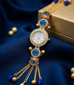 blue  color women gold-toned kashmiri pearl & stone-studded ethnic wrist watch