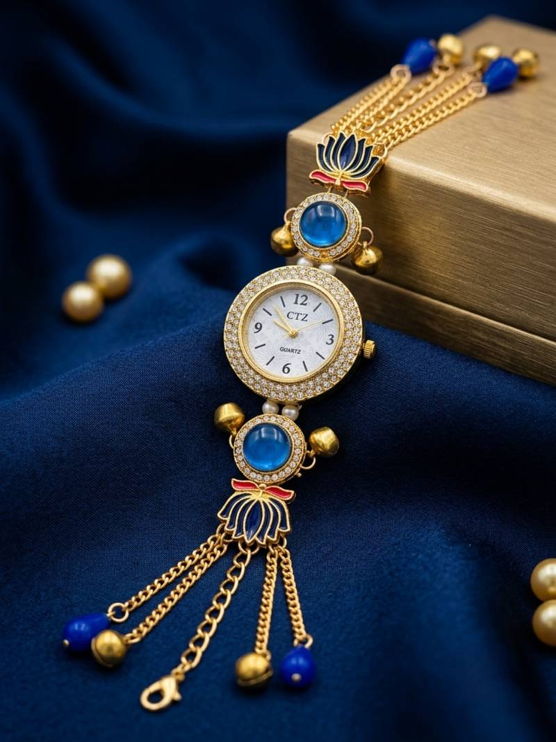 blue  color women gold-toned kashmiri pearl & stone-studded ethnic wrist watch
