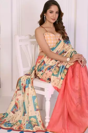 Peach linen printed saree with blouse