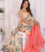 Peach linen printed saree with blouse