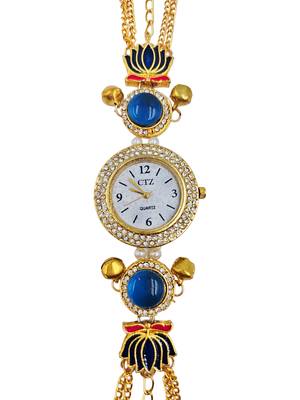 blue  color women gold-toned kashmiri pearl & stone-studded ethnic wrist watch 2