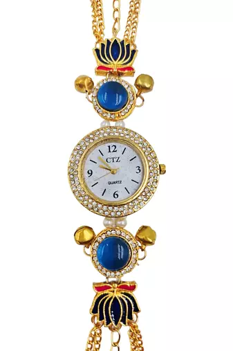 blue  color women gold-toned kashmiri pearl & stone-studded ethnic wrist watch