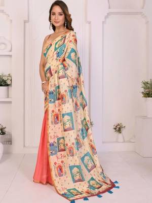 Peach linen printed saree with blouse 2