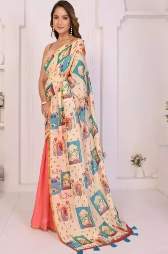 Peach linen printed saree with blouse