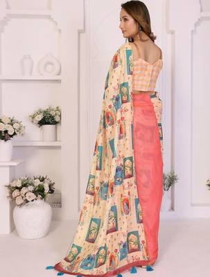 Peach linen printed saree with blouse 3