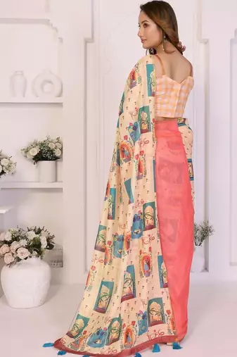 Peach linen printed saree with blouse