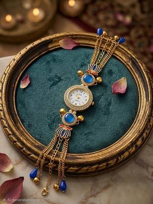 blue  color women gold-toned kashmiri pearl & stone-studded ethnic wrist watch 3