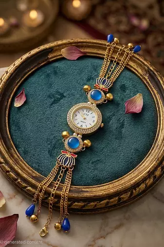 blue  color women gold-toned kashmiri pearl & stone-studded ethnic wrist watch
