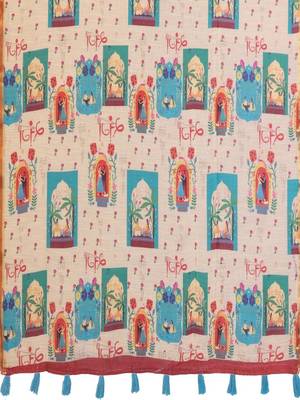 Peach linen printed saree with blouse 4