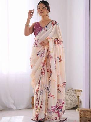 Off white pure georgette printed saree with blouse 1