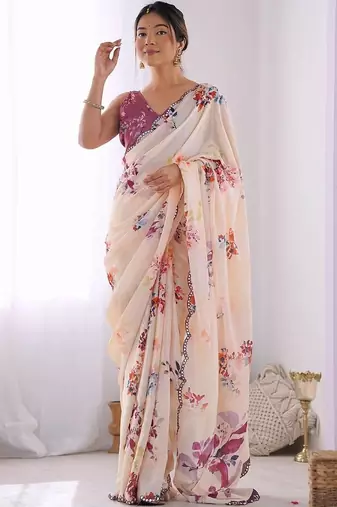 Off white pure georgette printed saree with blouse