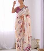 Off white pure georgette printed saree with blouse