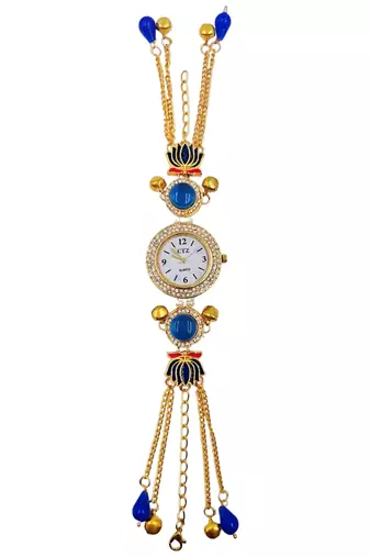 blue  color women gold-toned kashmiri pearl & stone-studded ethnic wrist watch