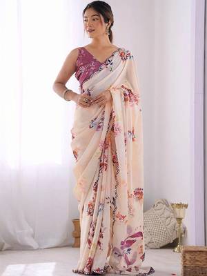Off white pure georgette printed saree with blouse 2