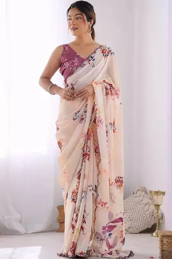 Off white pure georgette printed saree with blouse