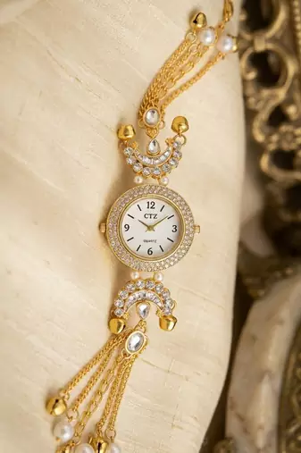 gold  color women gold-toned kashmiri pearl & stone-studded ethnic wrist watch
