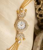 gold  color women gold-toned kashmiri pearl & stone-studded ethnic wrist watch