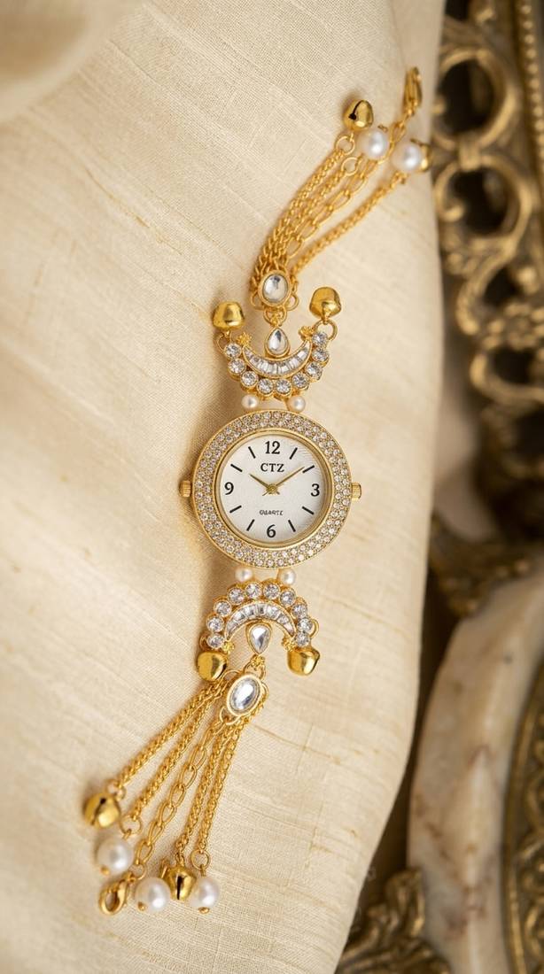 gold  color women gold-toned kashmiri pearl & stone-studded ethnic wrist watch