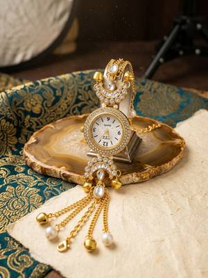 gold  color women gold-toned kashmiri pearl & stone-studded ethnic wrist watch 2