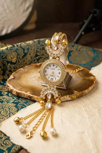 gold  color women gold-toned kashmiri pearl & stone-studded ethnic wrist watch
