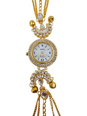 gold  color women gold-toned kashmiri pearl & stone-studded ethnic wrist watch 3