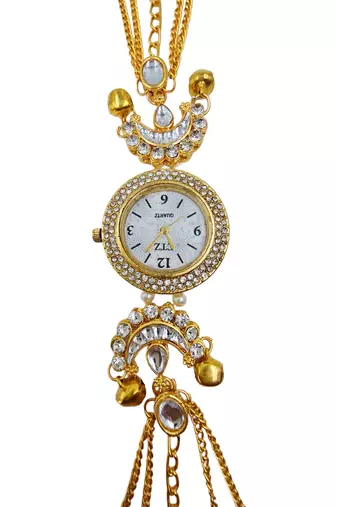 gold  color women gold-toned kashmiri pearl & stone-studded ethnic wrist watch