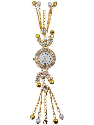 gold  color women gold-toned kashmiri pearl & stone-studded ethnic wrist watch 5